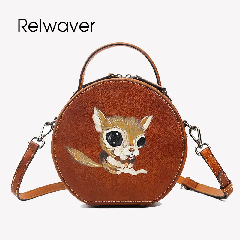 

Relwaver cartoon hand painted squirrel round bag genuine leather head layer cowhide crossbody bags for women small handbag