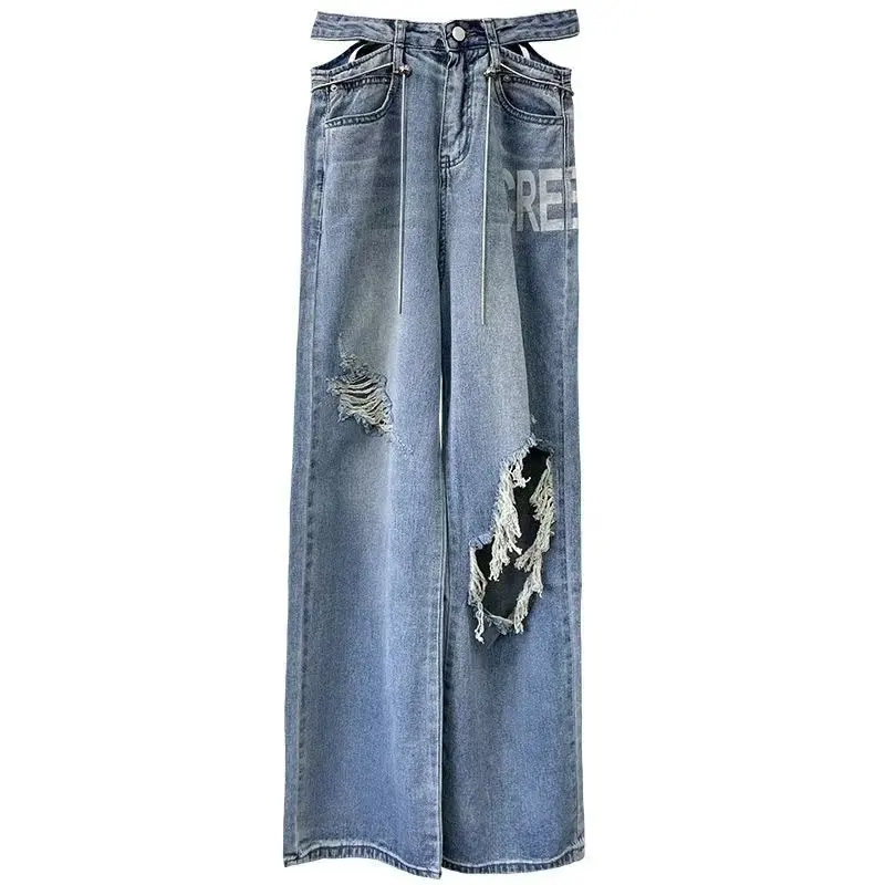 American Ripped Womens Jeans Autumn High Waist Loose Casual Sexy Letter Print Straight Leg Wide Leg Trousers for Women