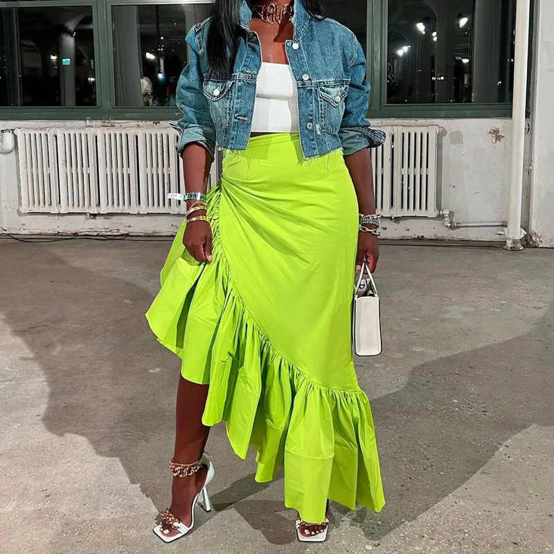 

2023 Trendy Women Ruffles Hem Asymmetrical High Waist Maxi Long Skirt Ladies Streetwear Skirts