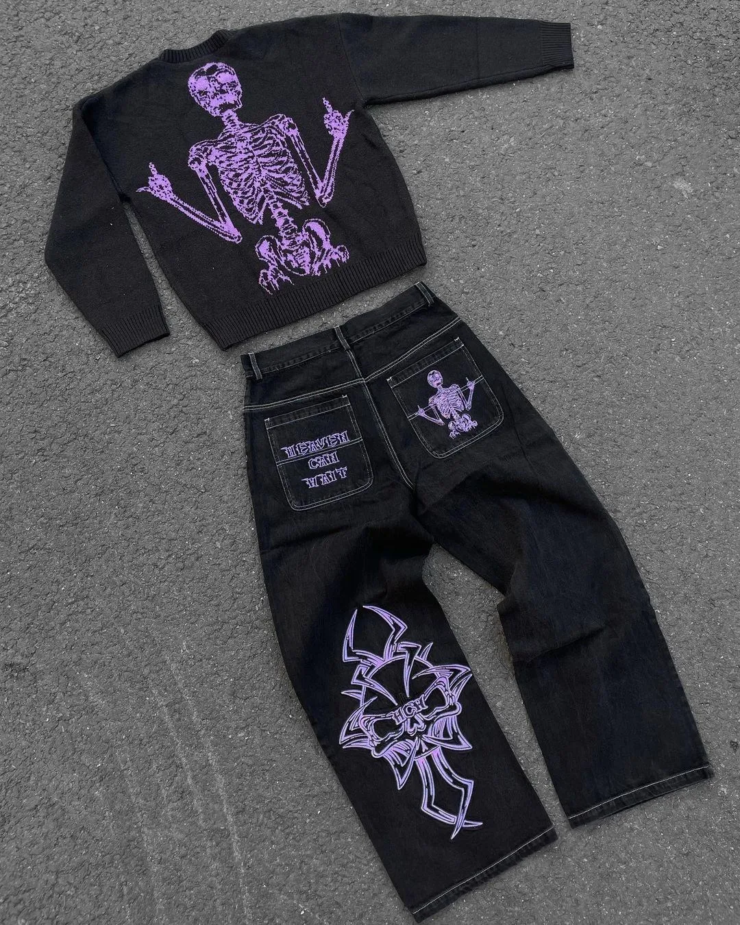 Retro Skull Embroidery Washed Mens Jeans Pants Y2K Straight Casual Oversize Denim Trousers Loose Streetwear Pantalones