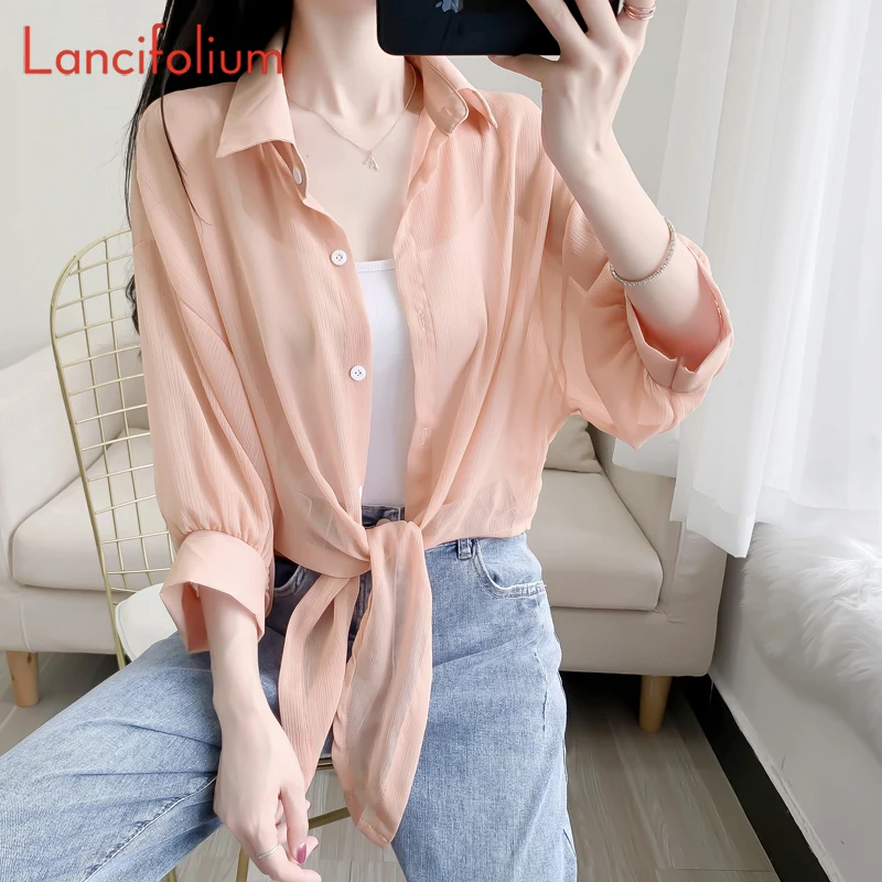 

Thin Sun Protection Blouses Summer Women 2022 Button Collared 3/4 Batwing Sleeve Bandage Baggy Wrap White Sheer Shirts crop Top