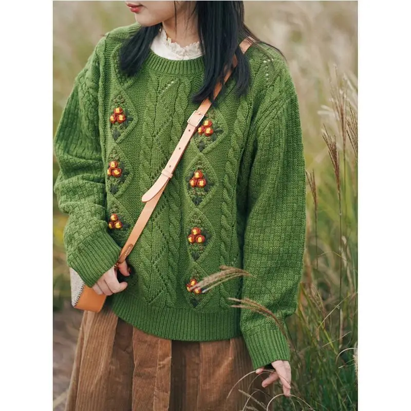 

Женский свитер с круглым вырезом, свободный простой винтажный свитер с цветочным принтом в Корейском стиле, весна-осень 2023