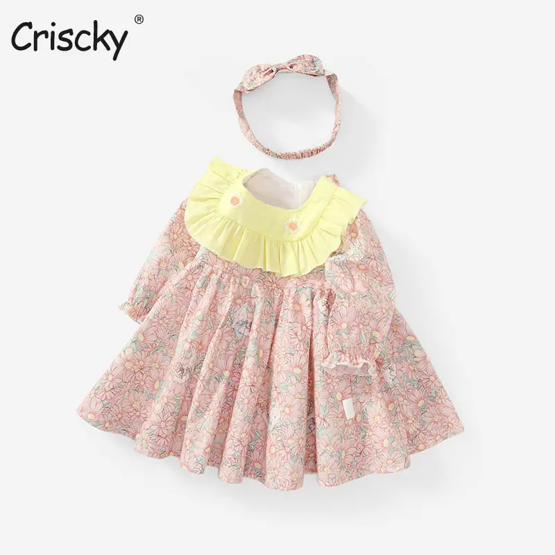 

Criscky Girls' Autumn Dress Flower Princess Dress Long-sleeved Retro Floral Baby Dress Fashion Kids Outfit Children'S Clothes