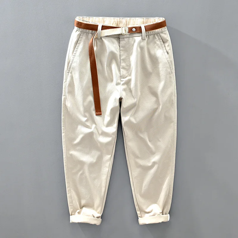 

6520 Spring Fall Belt Casual Pants For Men Cotton Japan Style Simple Loose Solid Color All-Match Daily Male Trousers Joggers