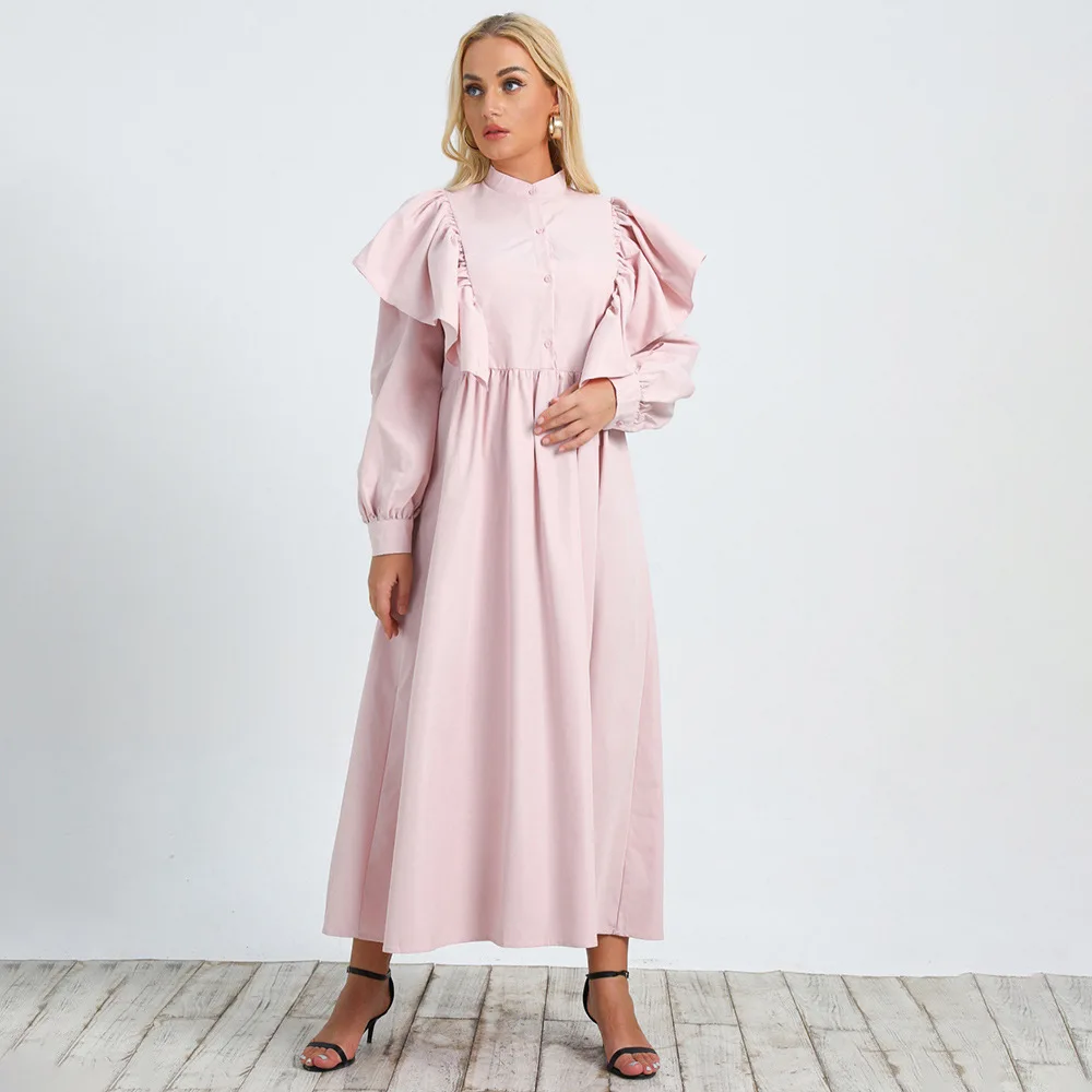 

ELLIEXI Women Solid Elegant Dress Loose Puff Long Sleeves Party Dresses Stand Up Collar Ruffles Buttons Casual Plus Size Dress