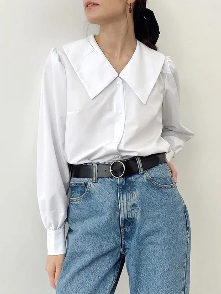 

CamKemsey Leisure Office OL White Shirts Women Fashion Sailor Collar Spring Autumn Loose Long Sleeve Single Breasted Blouses