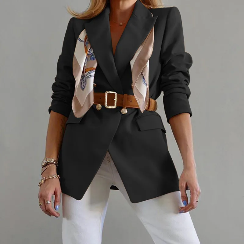 F2022 Female Suit Jacket Solid Color Tailored Collar Long Sleeve Greatcoat with Waistband for Women office lady Khaki/Black/Blue