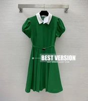 best version summer dress for women luxury brand contrast color puff short sleeve green woman dresses with letters logoed belt