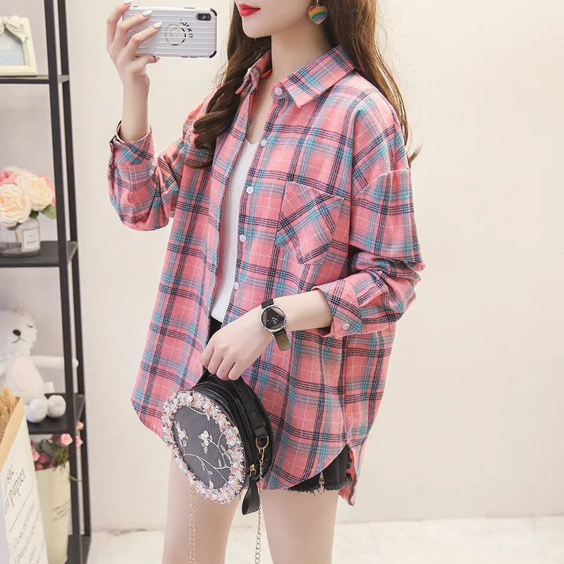 

Fashion Plaid Autumn Blouse Women Full Sleeve Office Ladies Turn-down Collar Long Shirt Coats Plus Size Loose Casual Blusas Tops