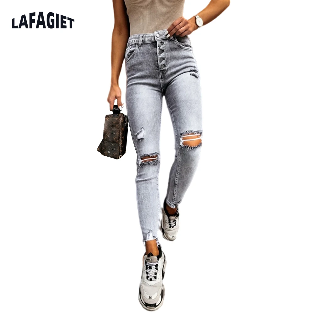 

Vintage Skinny Jeans For Women High Waist Zipper Fly Ladies Denim Pants Causal High Street Tight Hole Sexy Female Full Trousers