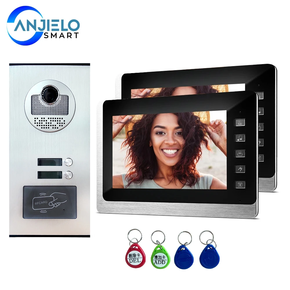 Home Video Door Phone Intercom System 7 inch Monitor RFID Doorbell Night Vision Outdoor Camera For 2 Apartment Security