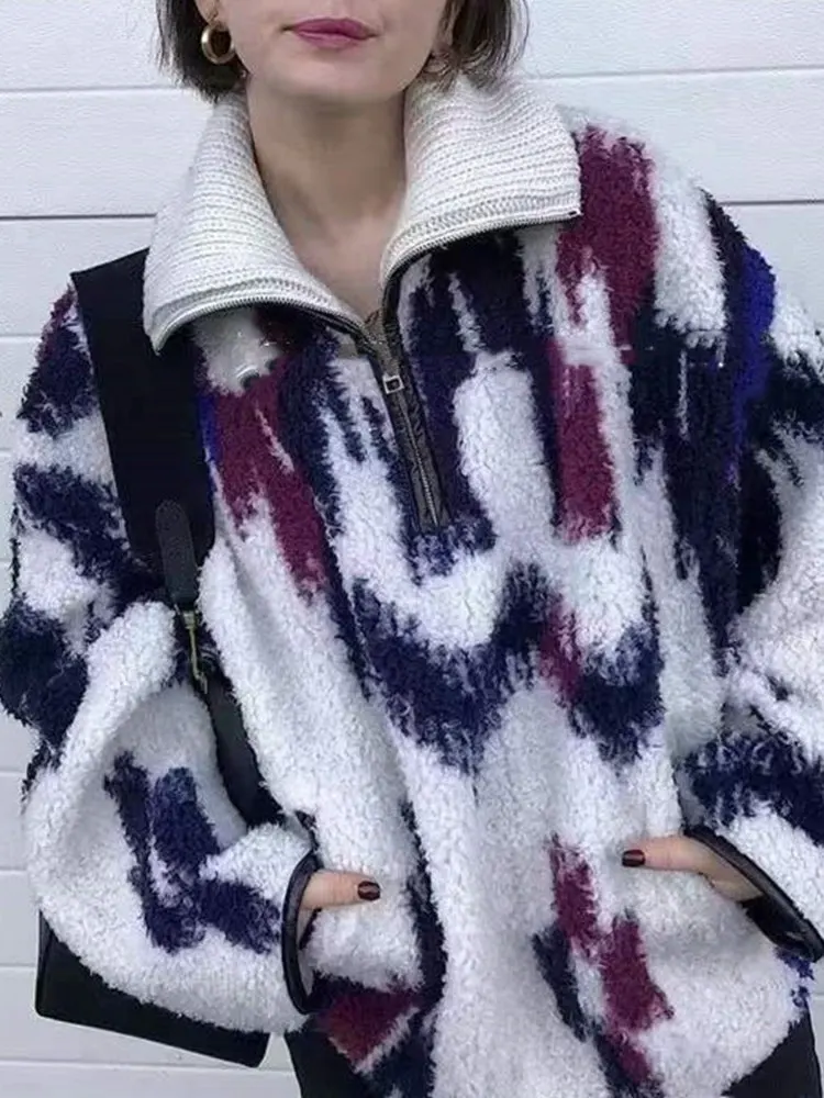 

2022 Spring New Half Zipper V-neck Loose Wool Fleece Knitted Women Sweatshirt