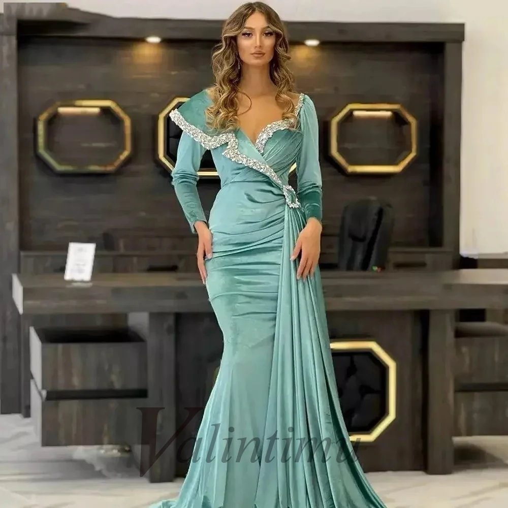 

Sexy Mermaid Velour Luxury Celebrity Gown Evening Dress Long Sleeves Train Rhinestone Custom Made Vestido De Fiesta Formal Prom