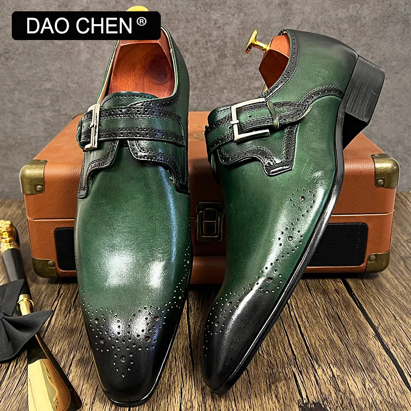LUXURY BRAND MEN LOAFERS SHOES BUCKLE STRAP ELEGANT MENS DRESS SHOES GREEN BLACK OFFICE WEDDING GENUINE LEATHER CASUAL SHOES MEN
