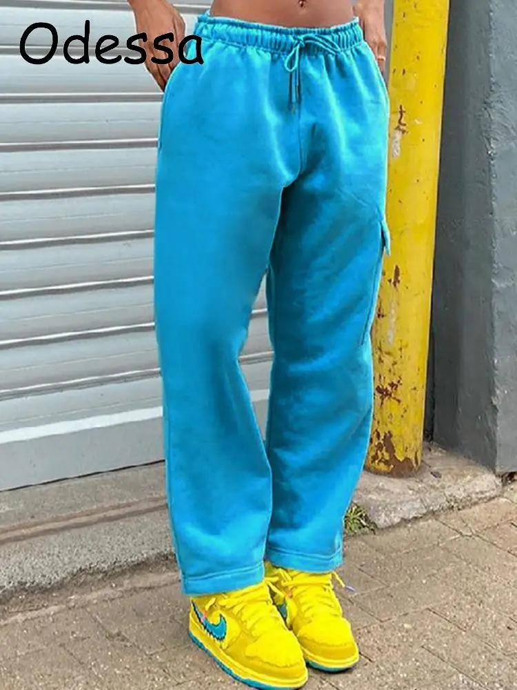 

Odessa 2022 Casual Straight Sweatpants Women Embroidery 100% Cotton High Waist Lace Up Adjustable Full Trousers Streetwear Blue