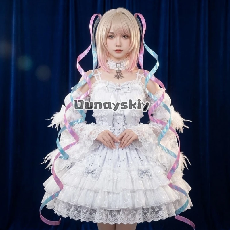Фото Костюм для косплея KAngel Angel Devil Rain (полный комплект) по игре NEEDY GIRL OVERDOSE: белое платье Лолиты с париком, костюм на Хэллоуин №1