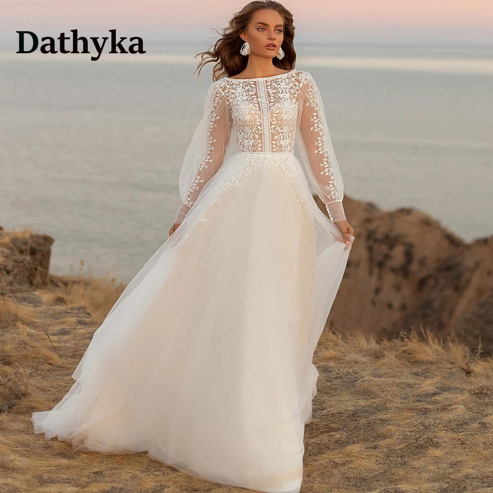

Dathyka Charming O-Neck Long Sleeves Wedding Dresses For Mariages Lace Appliques Button Fitted Robe De Mariée Dropping Shipping