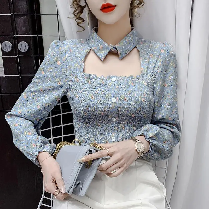 Женская шифоновая блузка с цветочным принтом короткая винтажная длинным рукавом