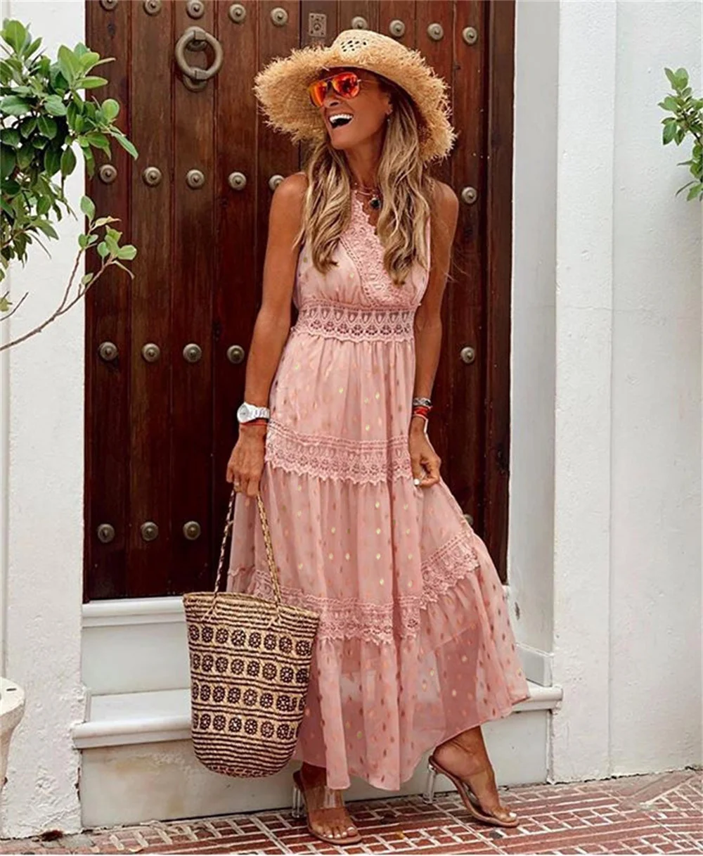 Women Fashion Chiffon Dress Sexy Deep V Sleeveless Loose Bohemia Beach Dress Elegant Sweet Shining Printing Dot Lace Dresses