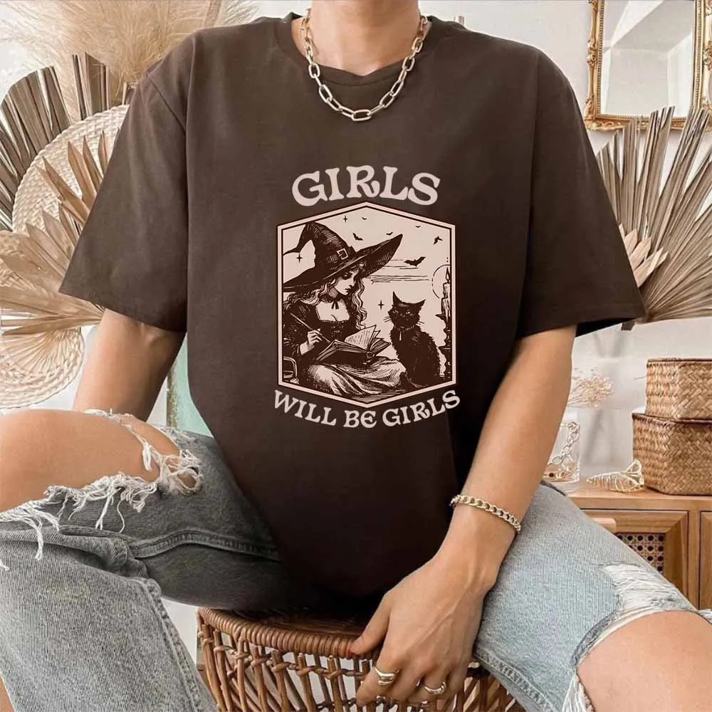 Фото Рубашка ведьмы для девочек Will Be Girls Винтажная рубашка ведьмы Хэллоуин Черный кот Готическая футболка Эстетическая футболка Y2k Женские жуткие топы ведьмы №2