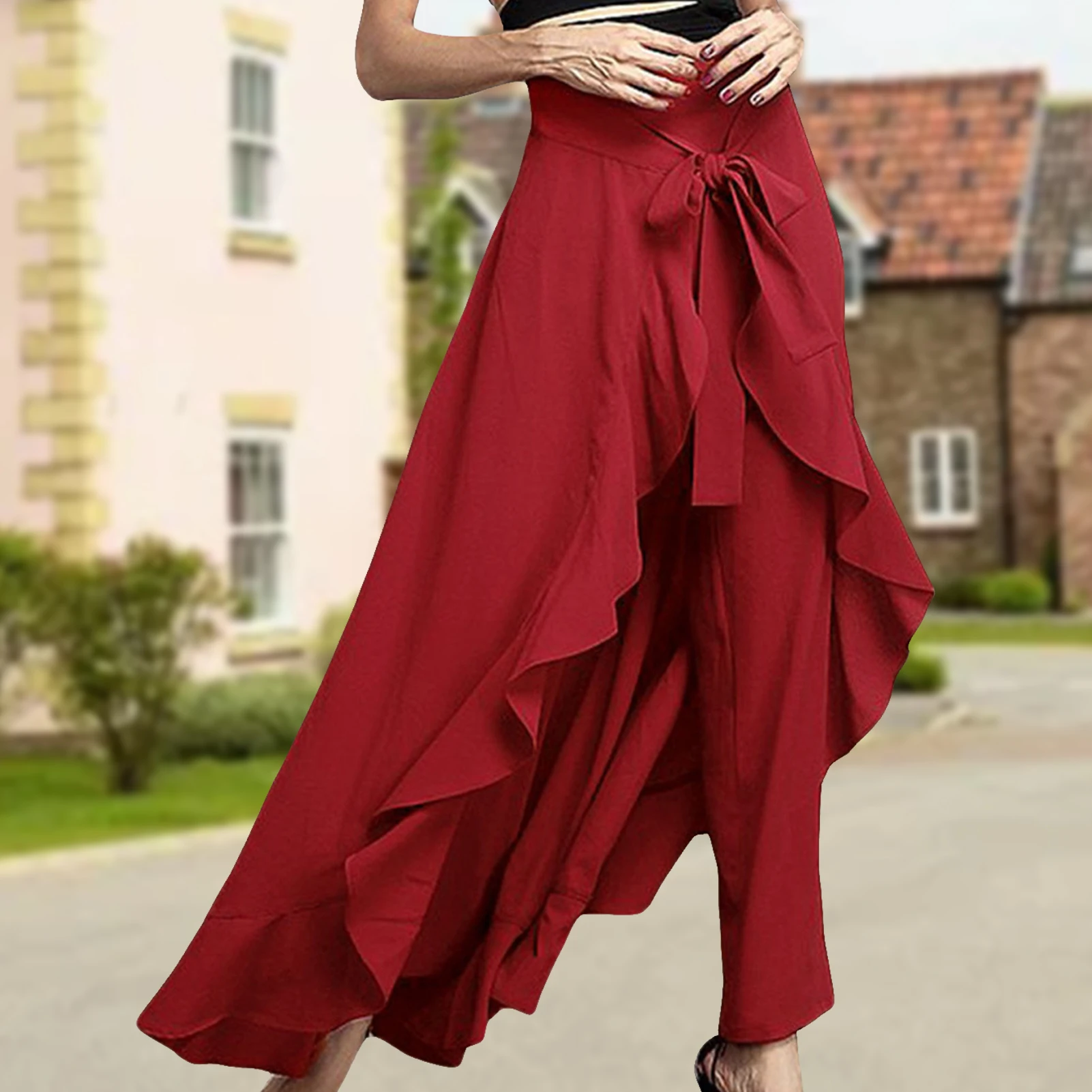 

Женская юбка с оборками и брюки, однотонная Повседневная Длинная юбка с поясом на резинке, элегантный стильный костюм большого размера для ...