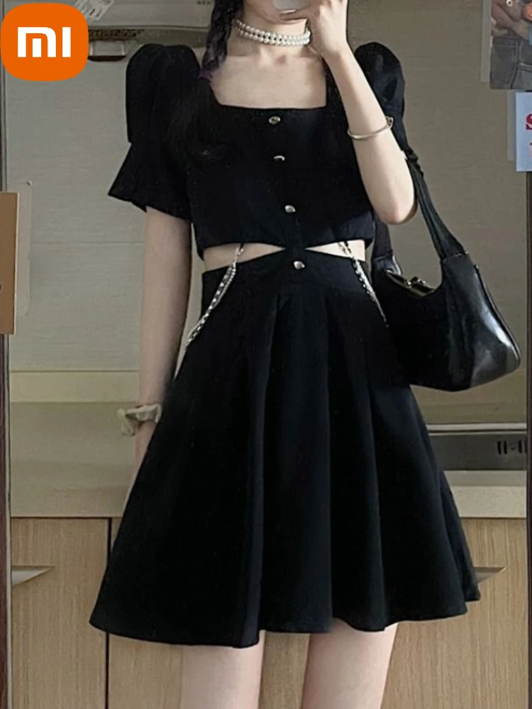 

Xiaomi Black Sexy Mini Dress Women Summer Hollow Out Chain Gothic Dresses Punk Harajuku Fashion Robe Y2k Girl Streetwear