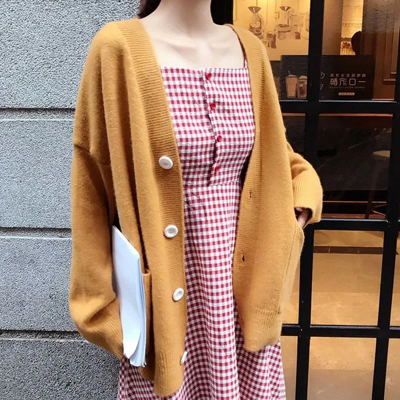

Women Loose Cardigan Double Pocket Korean Casual Knitted Cardigan Female Sweater Jacket Fall Winter V-neck Long Sleeve Knitwear