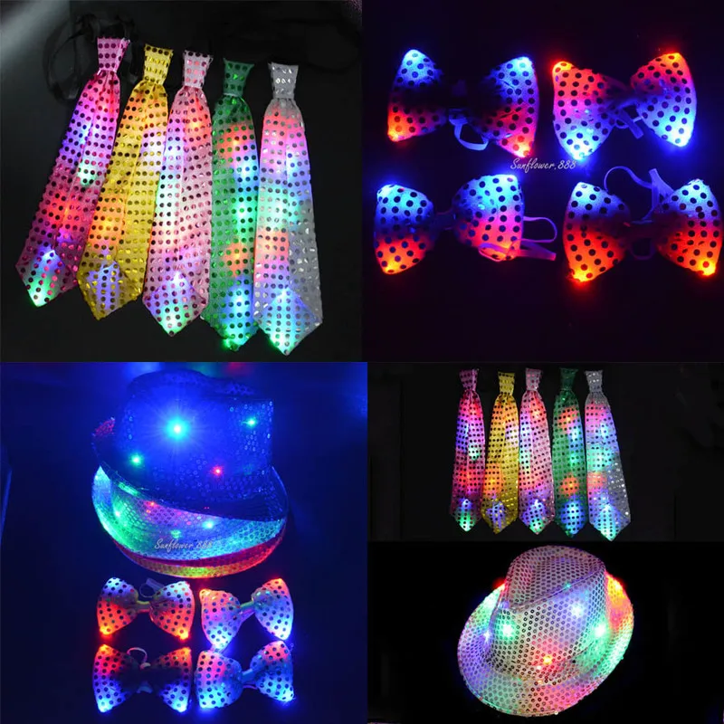 

Woman Men Kids Led Luminous Sequin Jazz Hat Cap Lights Fedora Necktie Tie Prop Gift Neon Party Birthday Wedding Decoration