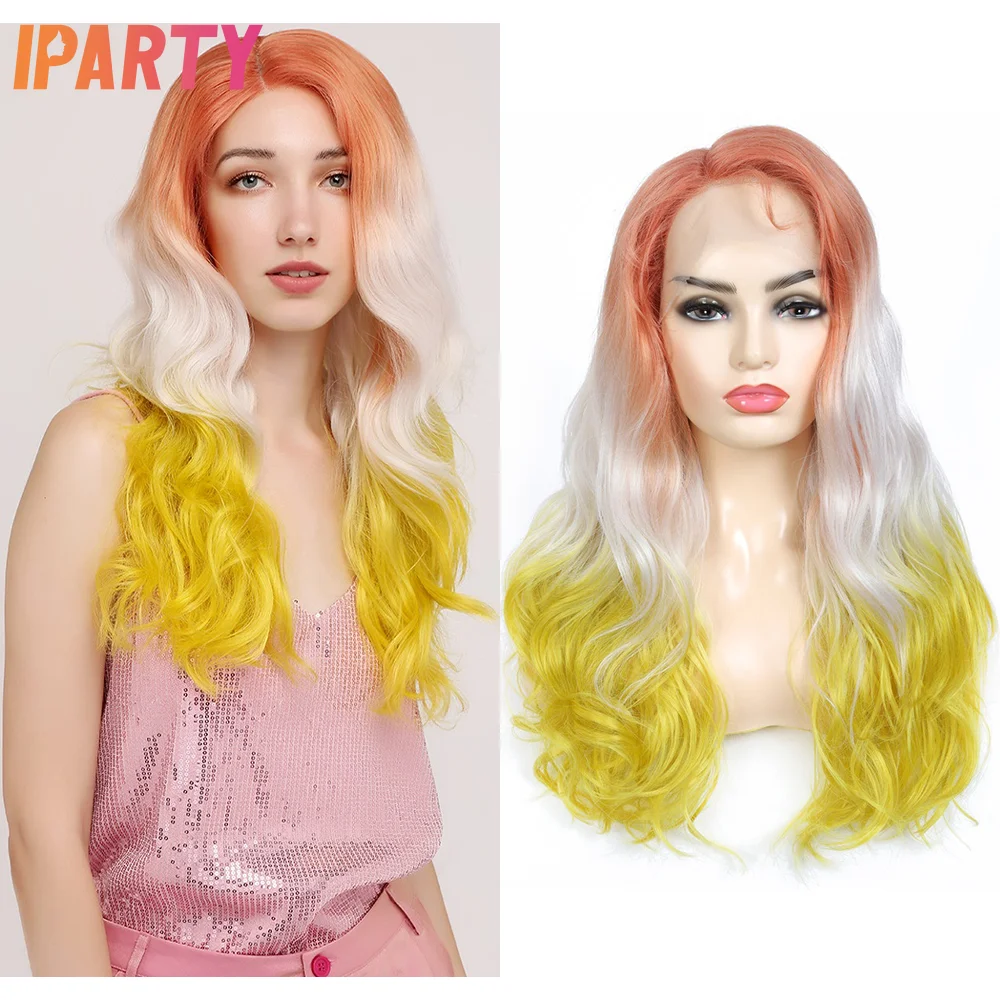

Synthetic Lace Front Side Part Wig Ombre Color 18 Inches Long Wavy Wig For Women Heat Resistant Fibers Multi Color Daily Cosplay