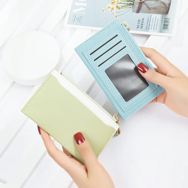 

Card bag female zipper zero wallet 2021 new PU leather splicing color contrast certificate card small fresh Wallet