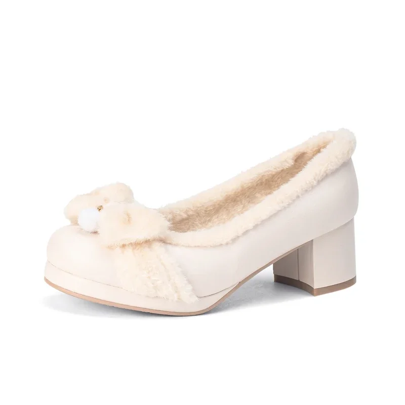 Бесплатная доставка зимние туфли-лодочки на толстом меховом ремешке с