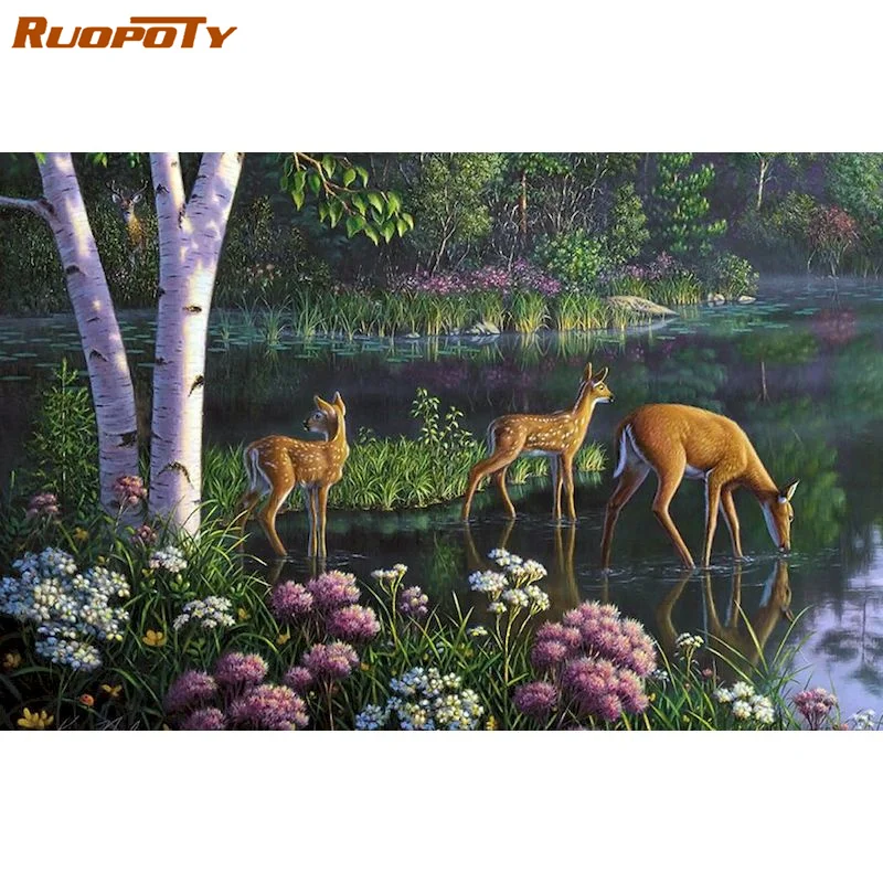 

RUOPOTY Oil Painting by numbers Animals Handpainted Number painting Deer Coloring by numbers Unique gift Artwork decor