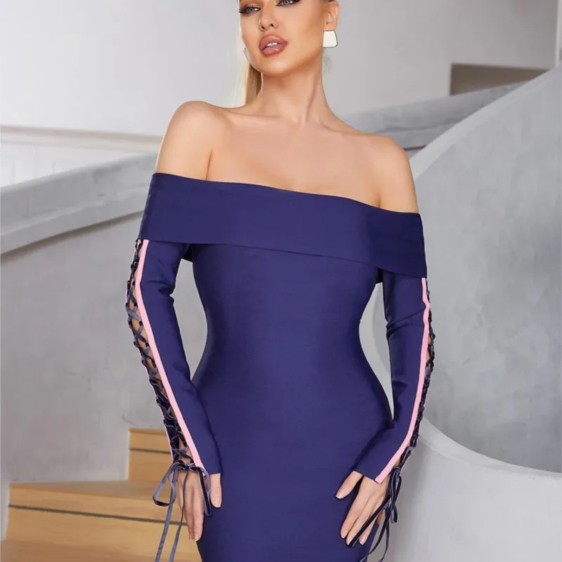 

2022 New Autumn Women's Sexy Long Sleeve Off Shoulder Tie Bodycon Bandage Mini Dress Elegant Celebrity Club Party Dress Vestidos