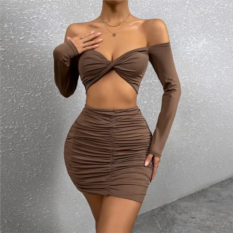 

Off Shoulder V Neck Sexy 2 Piece Set Women Summer Autumn Backless Bodycon Mini Skirt Sets Long Sleeve Ruched Two Piece Set