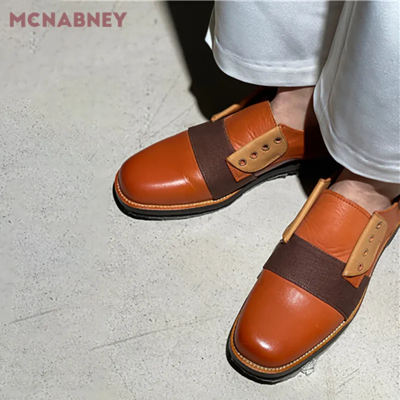 Fashionable Color-Blocking Retro Shoes Niche Design Square Toe British Style Leather Shoes New Fashion Retro Leather Shoes