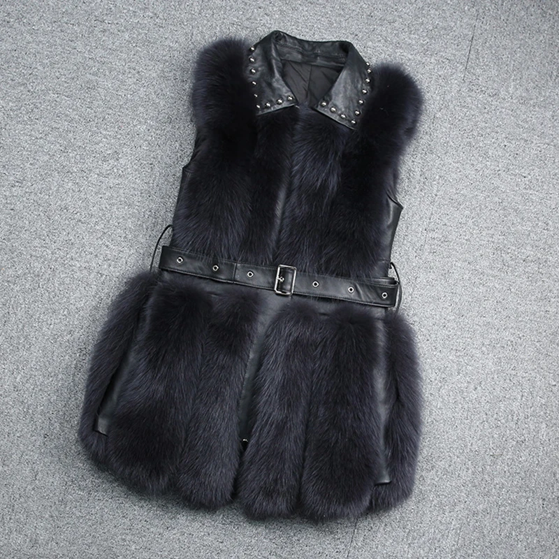 

Winter Clothes Women Female Real Fox Fur Vest Whole Hair Leather Sheepskin Stitching Show Thin Rivet Yelek Sleeveless Fur Coat
