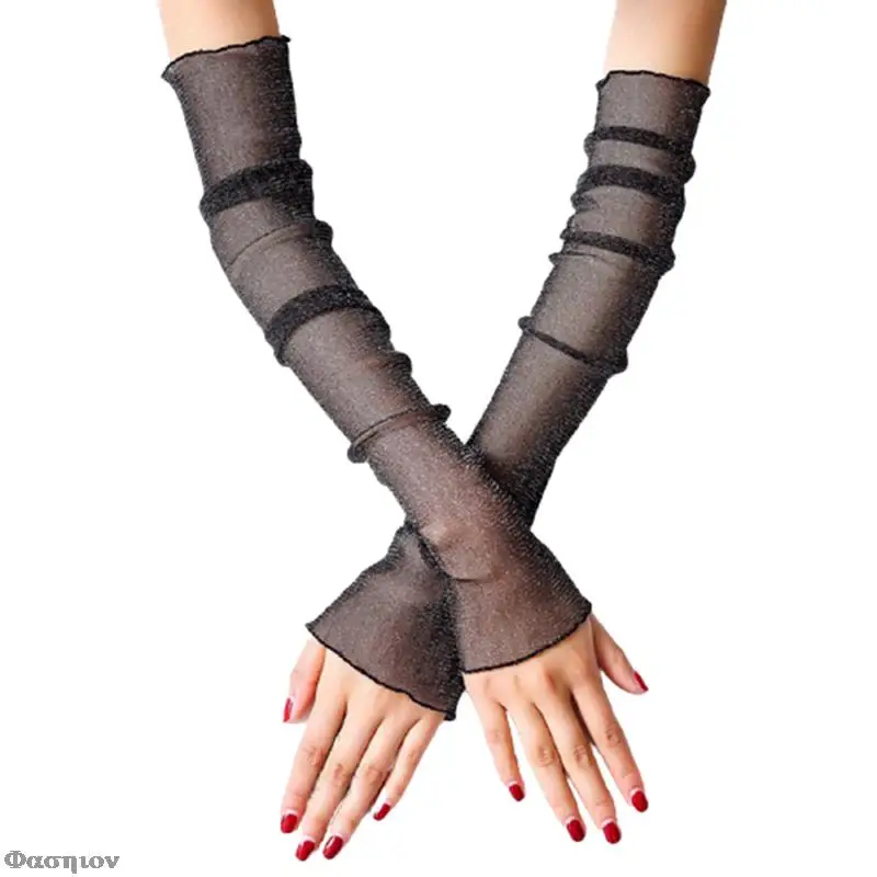 

Женские ультратонкие прозрачные блестящие сетчатые длинные кружевные перчатки для девушек металлические мерцающие бриллиантовые рукава ...