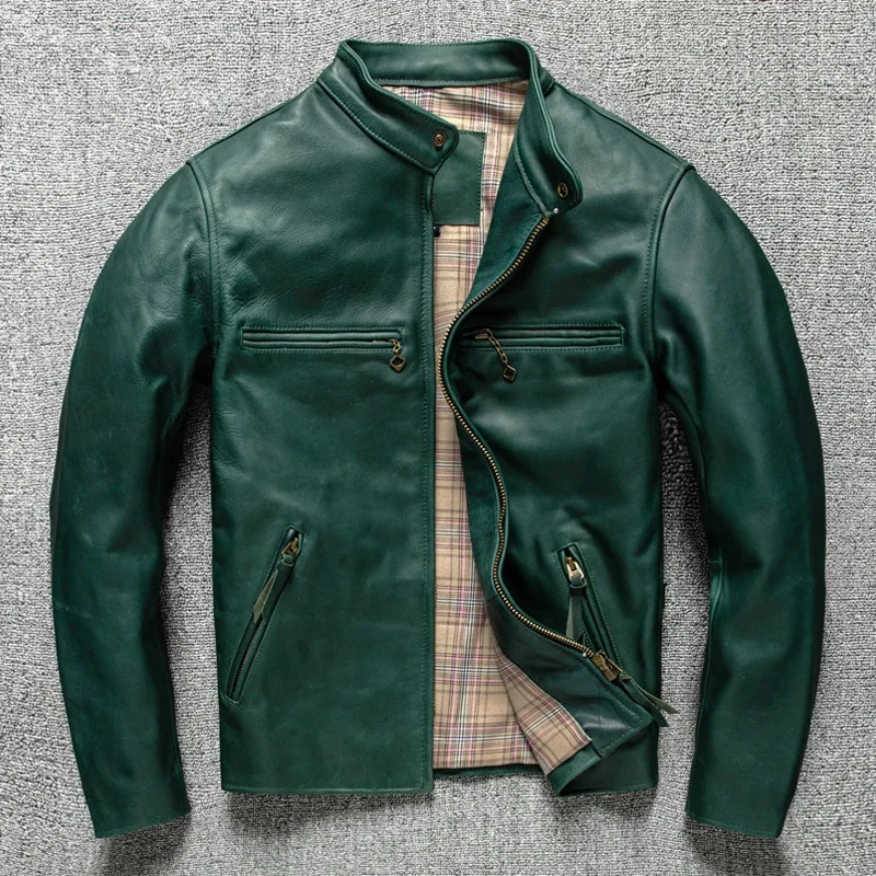 

Fashion Luxury Green Horsehide Leather Men's Racing Motorcycle Biker Jacket Autumn Genuine LeathC coats Male 5XL Perfecto