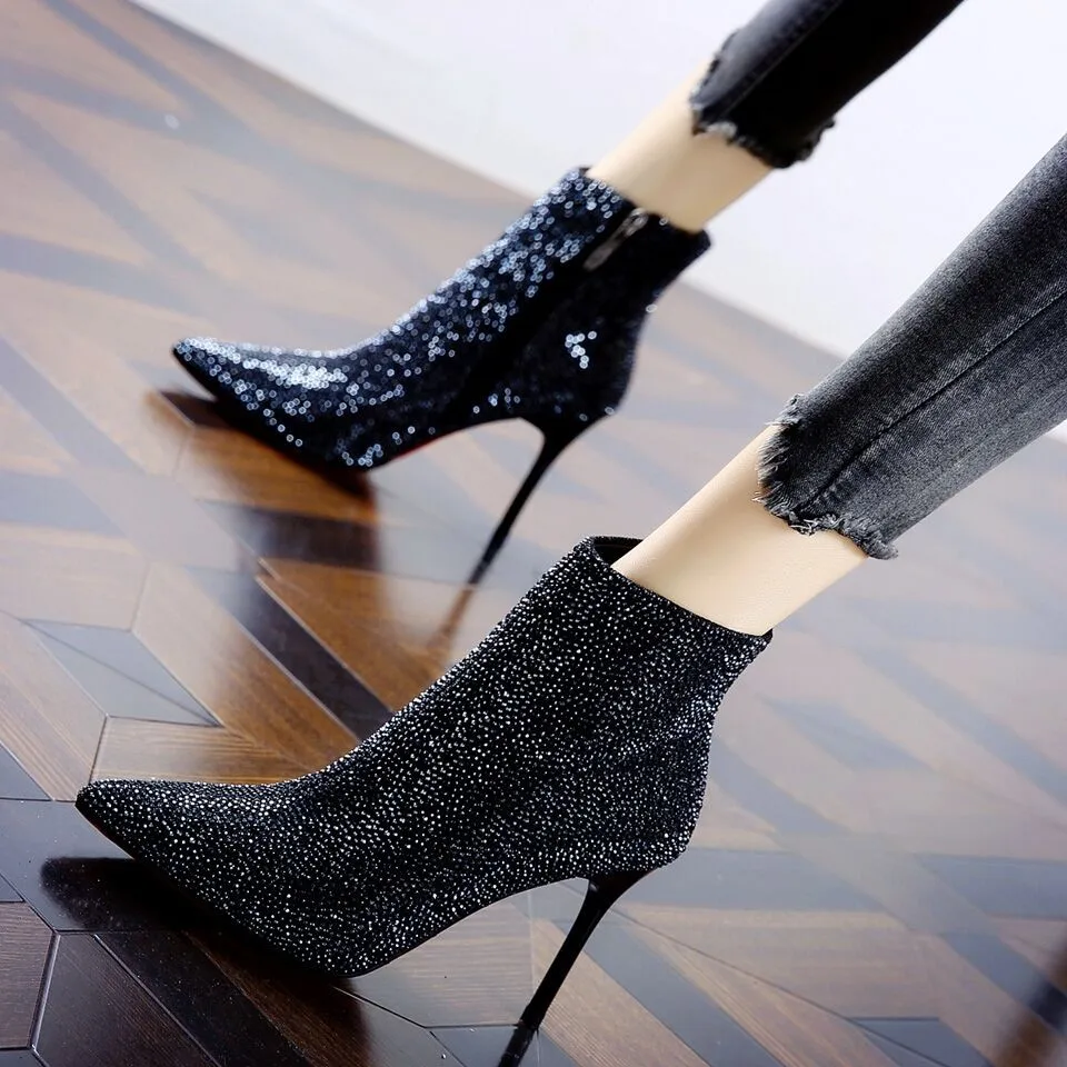 Boots Women's Shoes Trend 2022 Heels Chelsea Ankle Booties Woman Silver Luxury Elegant Heeled Sexy Rhinestone Weddings Bridal