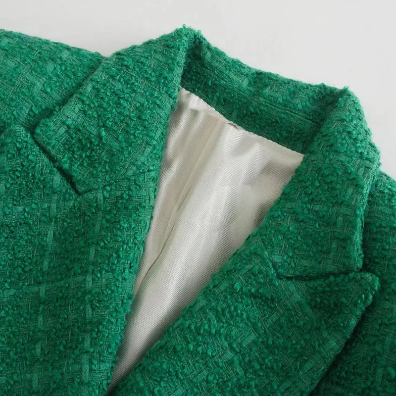Tweed Rose Red Blazer Women Fashion Double Breasted Green Coats Vintage Long Sleeve V Neck Pockets Female Outerwear Chic Suits