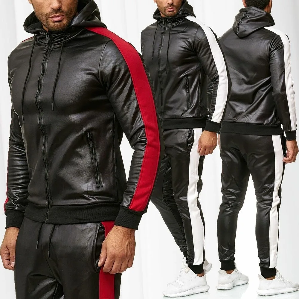 

ZOGAA Men's PU Leather Hoodie Set of 2 Casual Activewear Hooded Jacket and Pants Jogging Wear Activewear