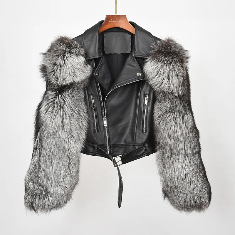 Lady Fashion Real Leather Jacket Women 2023 New Style Sheep Leather Coat With Fox Fur Sleeve Outerwear S7862B enlarge