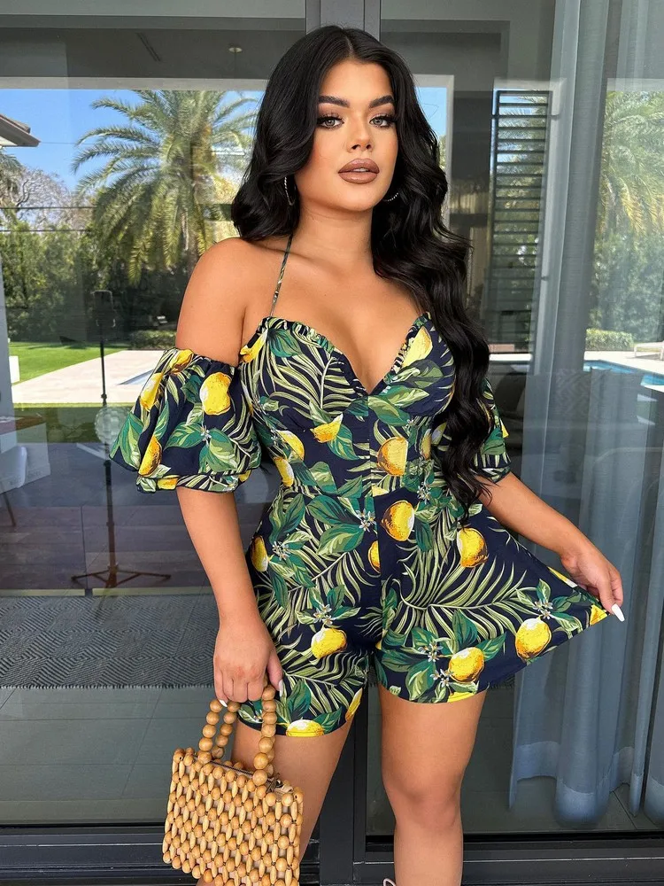 

Fashion Print Bohemian One Piece Jumpsuit Women 2023 Summer Off Shoulder Butterfly Short Sleeve Playsuit Holiday Vacation Outfit