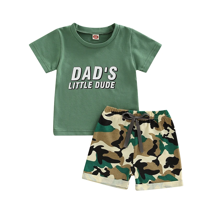 

Boys Summer 2Pcs Outfit Sets Green Short Sleeve Letter Print T-shirt + Camouflage Shorts