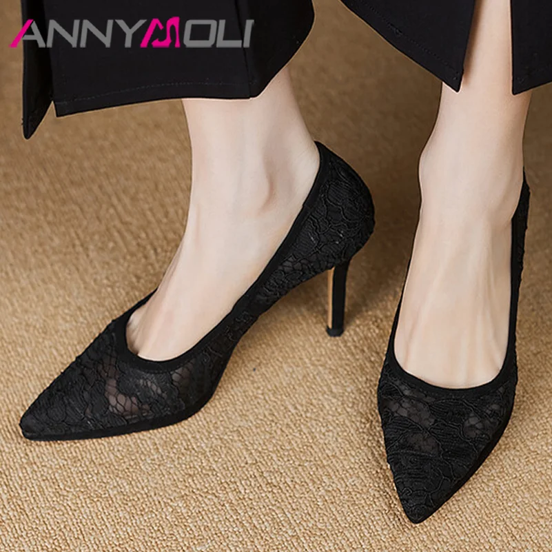 

ANNYMOLI Women Pumps Platform Thin High Heels Pointed Toe Sexy Party Concise Spring Autumn Shoes Black Apricot 34-40