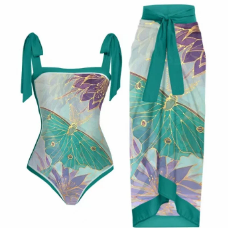 

Retro Printed Ruffle Edge Swimsuit One Piece With Skirt Slim Bikini Suit Slash Neck Backless Swimwear Women Holiday Beach Dress