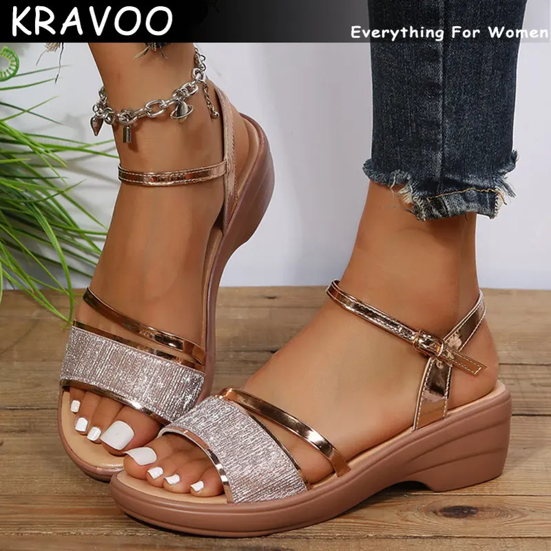 

KRAVOO Casual Gold Silver Platform Sandals Women 2023 Summer Thick Heeled Wedges Sandals Woman Ankle Strap Gladiator Sandalias