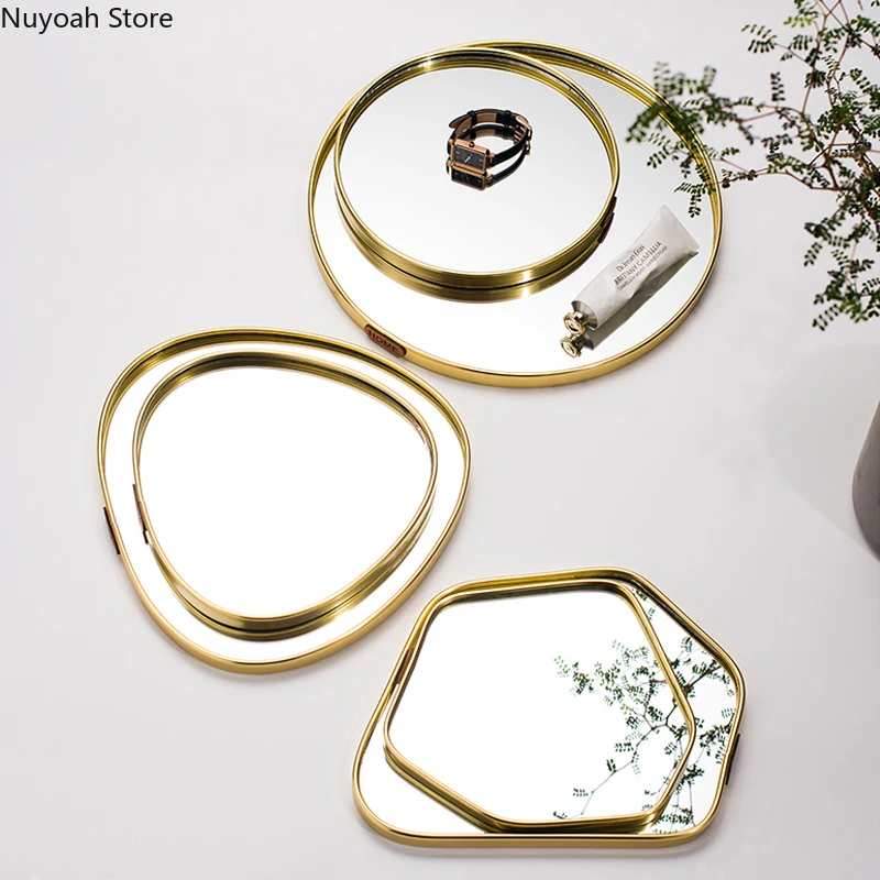 

Nordic Light Luxury Golden Mirror Tray Home Decoration Desktop Storage Tray Multilateral Geometric Tray Living Room Accessories