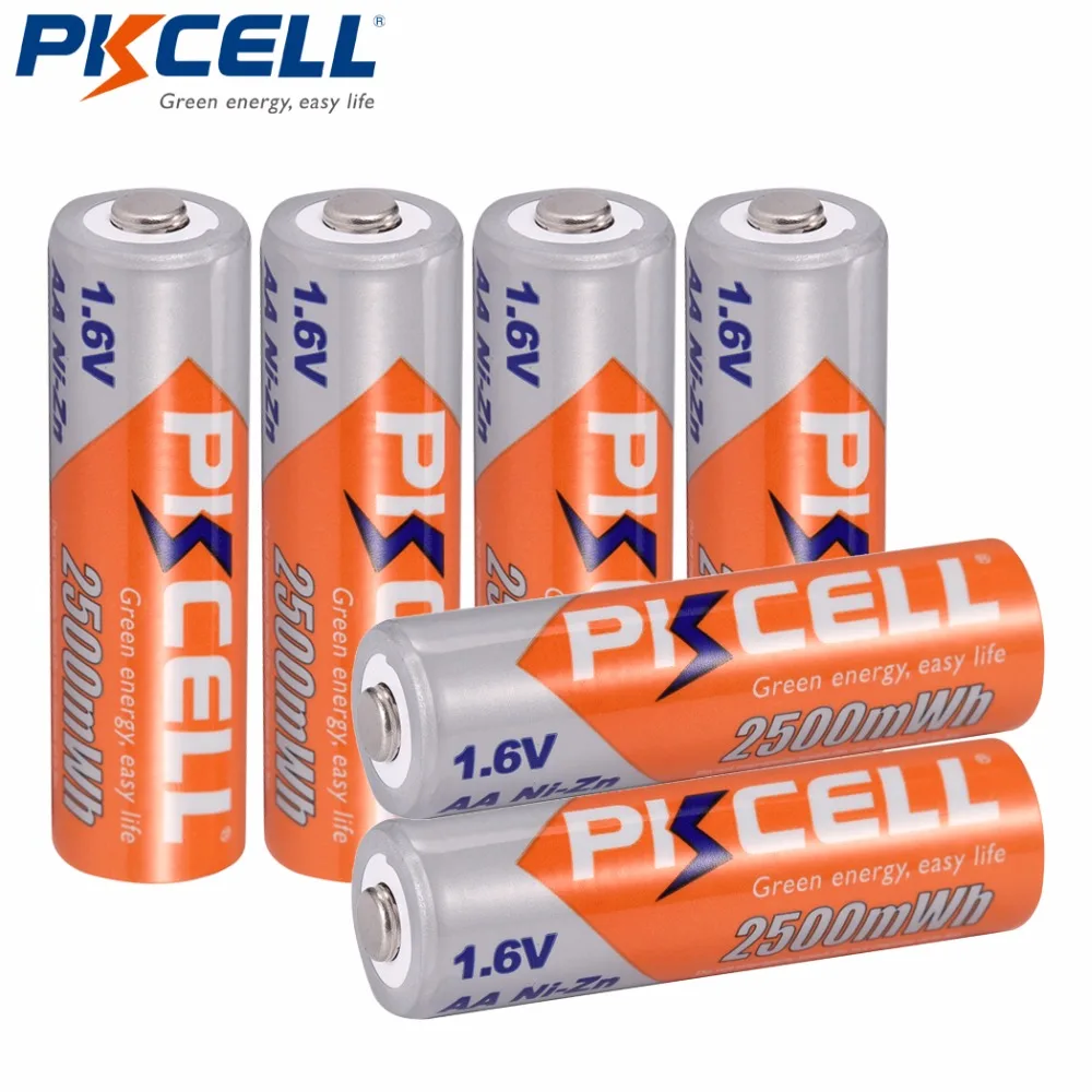 

6Pcs*PKCELL NI-ZN 1.6V AA Rechargeable Battery 2A Batteries in 2500mwh nizn aa battery recharge for camera and toys