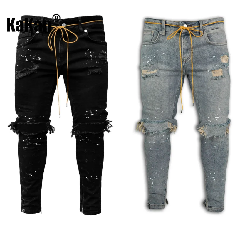 Kakan - European and American New Tight Feet Painted Perforated Jeans for Men, Light Blue Black Wash Jeans K40-1973